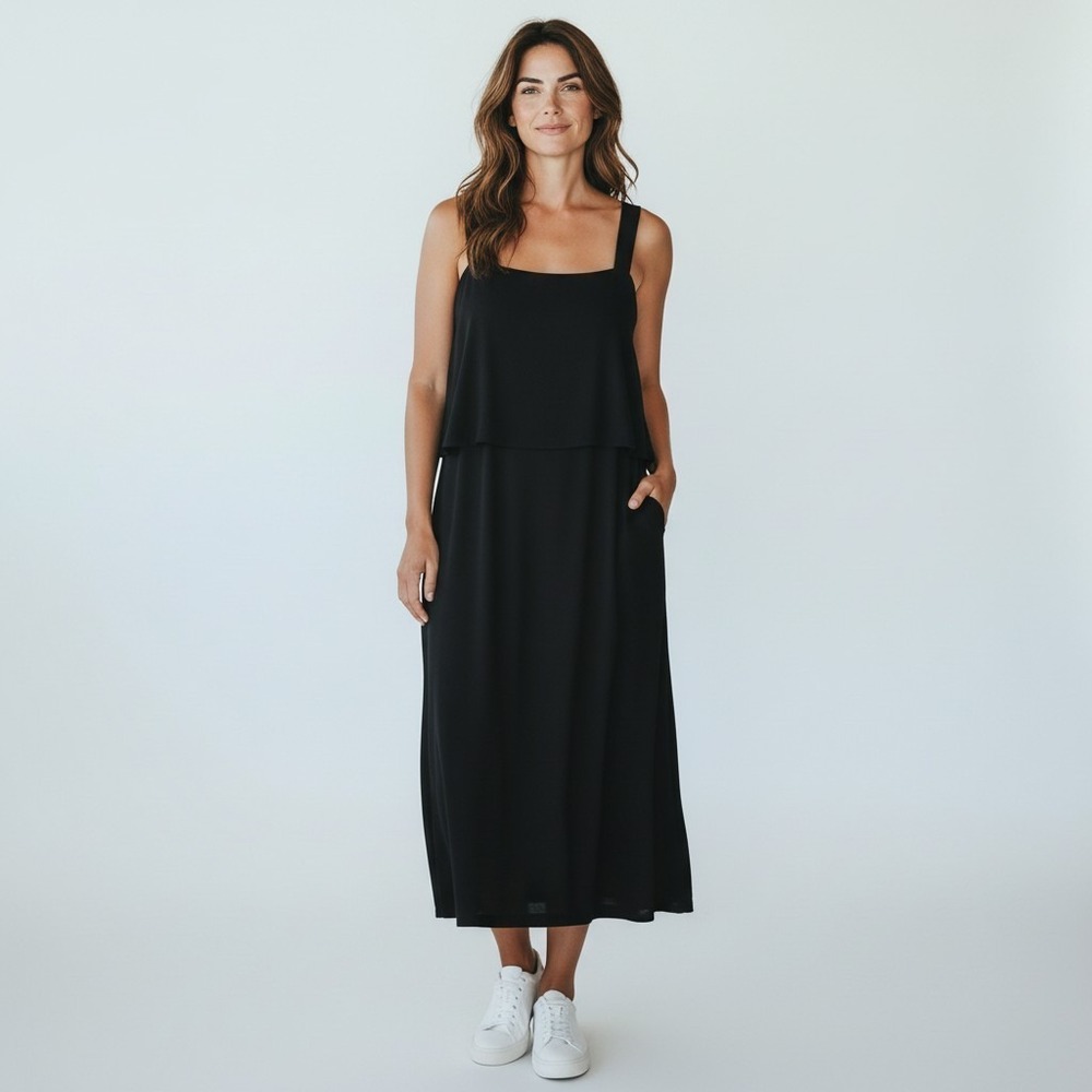 Chicos Travelers Black Popover Maxi Dress Sleeveless Square Neck minimalist 2 L
